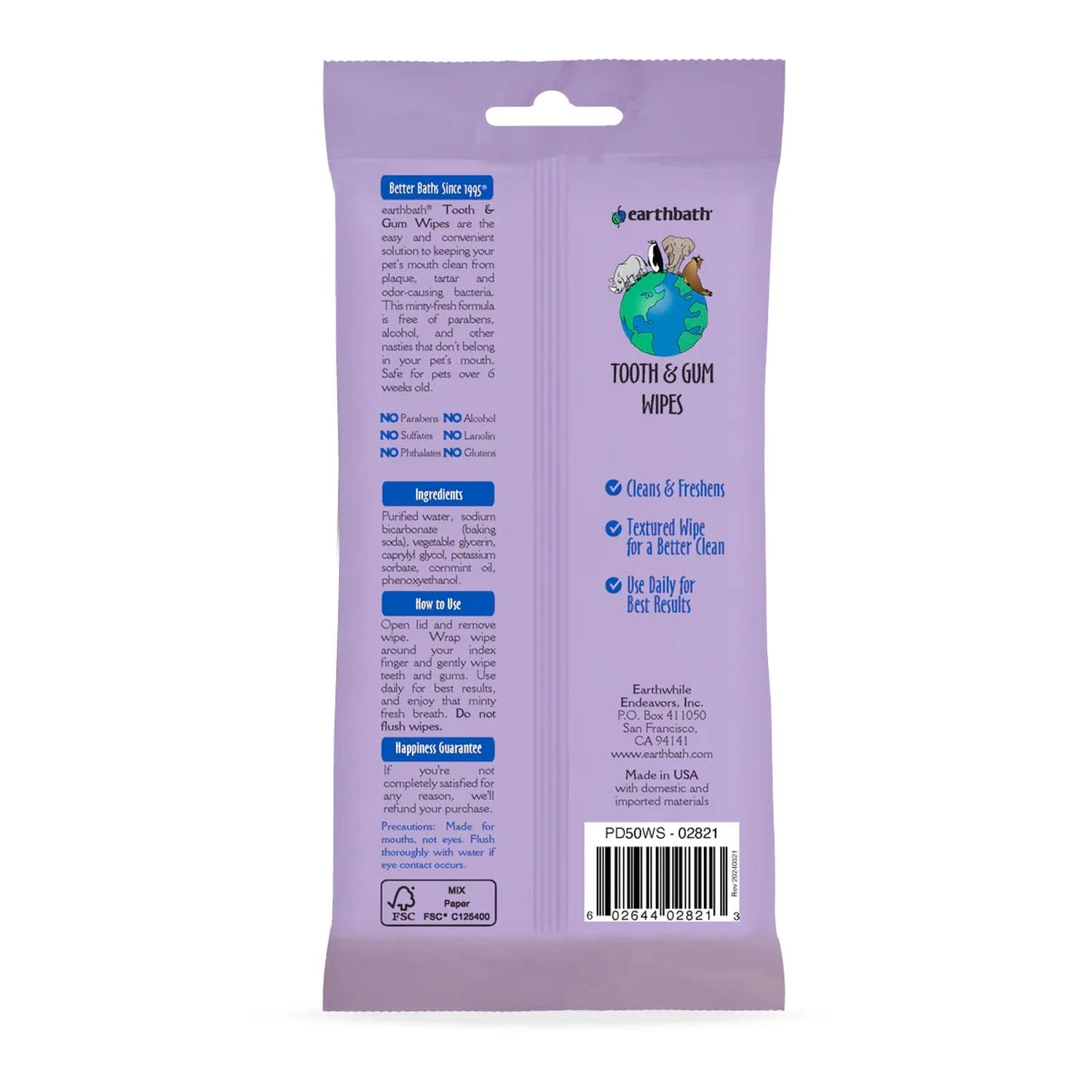 Earthbath Tooth & Gum Wipes - 50 Pet Wipes