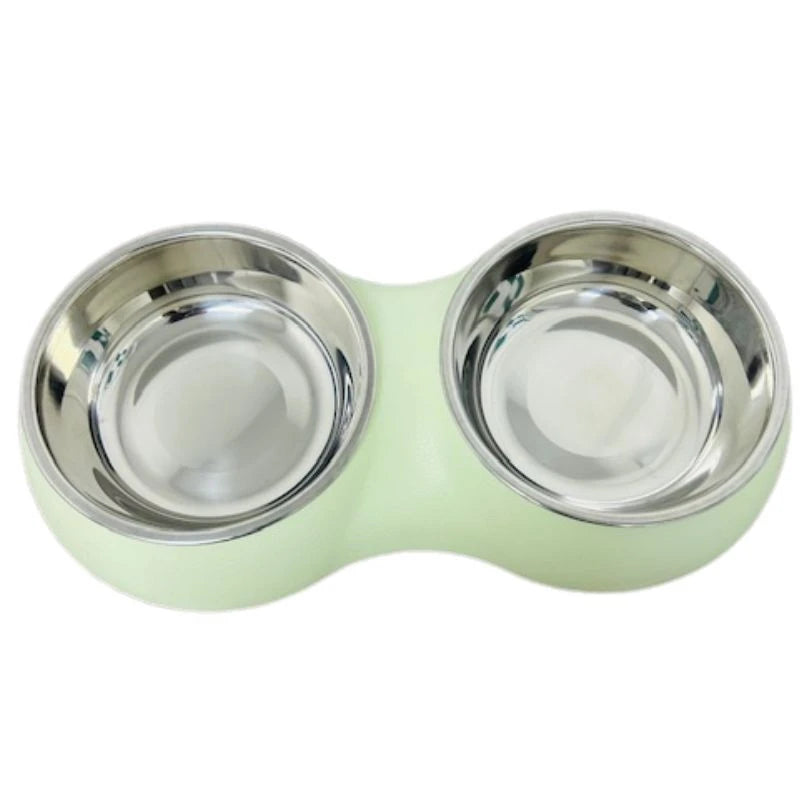 Double Dining Pet Feedrer With Stainless Steel Bowl & Non Slip Rubber Bottom -Green 33*17.6*5Cm